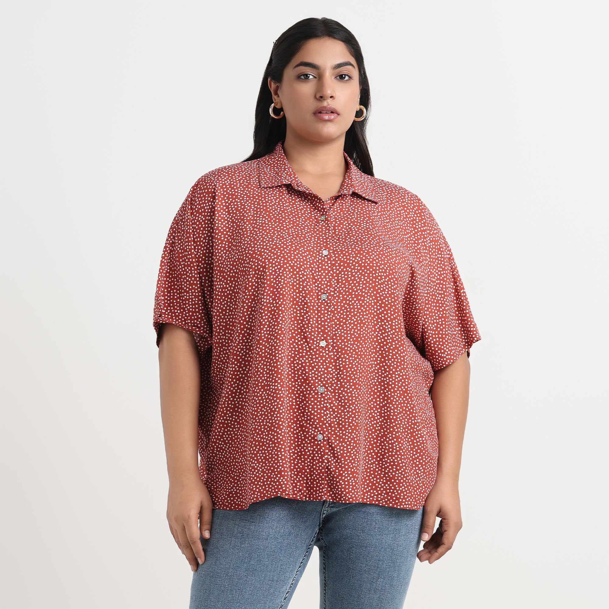 Brown drop shoulder shirt, plus-size, comfortable fit
