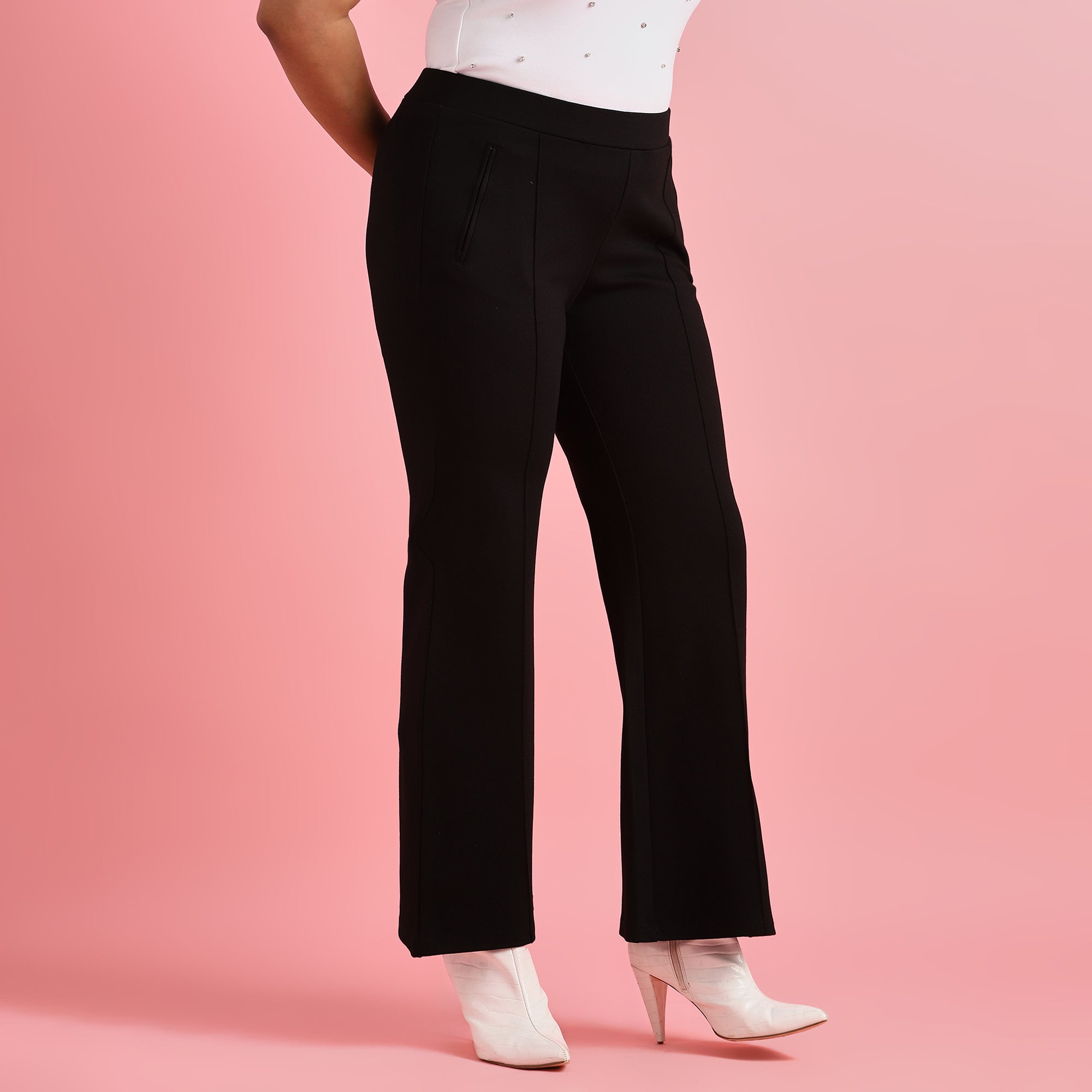 Black Plus Size Fit and Flare Zipper 4-Way Stretch Pants