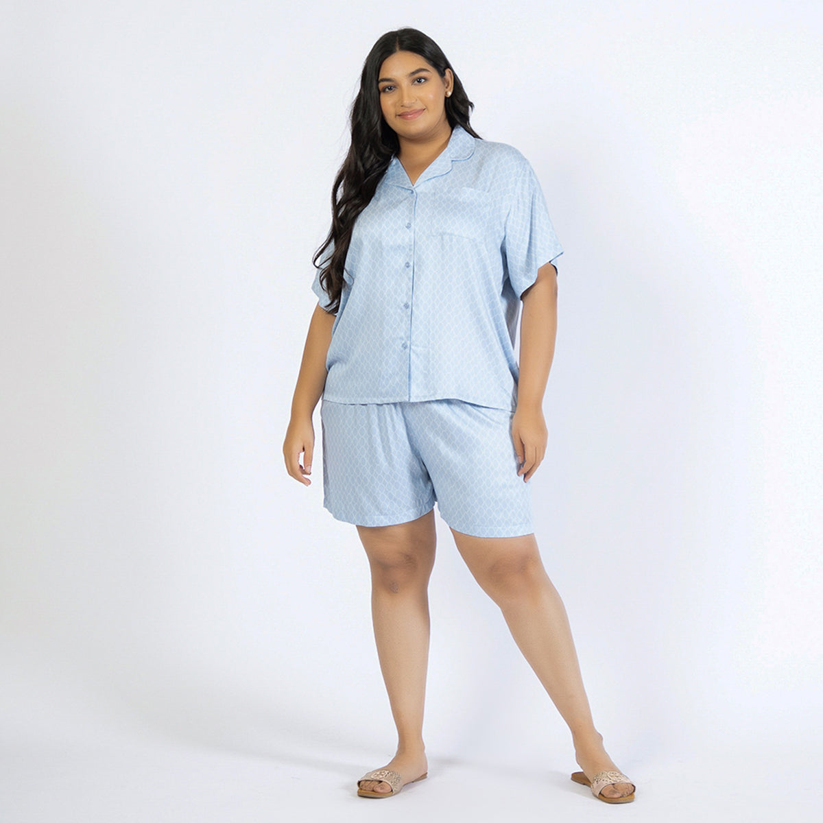 Blue Geometric Print Plus Size Rayon Short Set Product Image 1