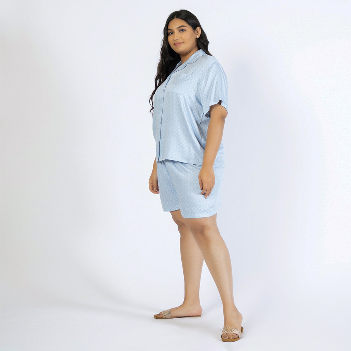 Blue Geometric Print Plus Size Rayon Short Set Product Image 3