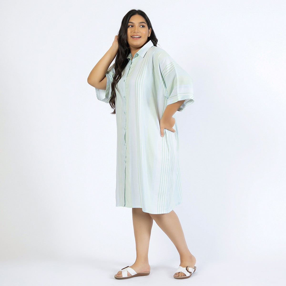 Blue and Green Striped Plus Size Rayon Shirt Dress Product Image 1