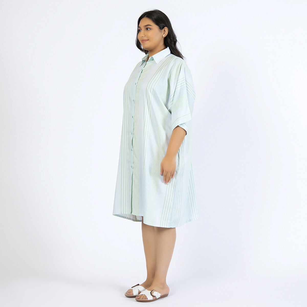 Blue and Green Striped Plus Size Rayon Shirt Dress Product Image 3