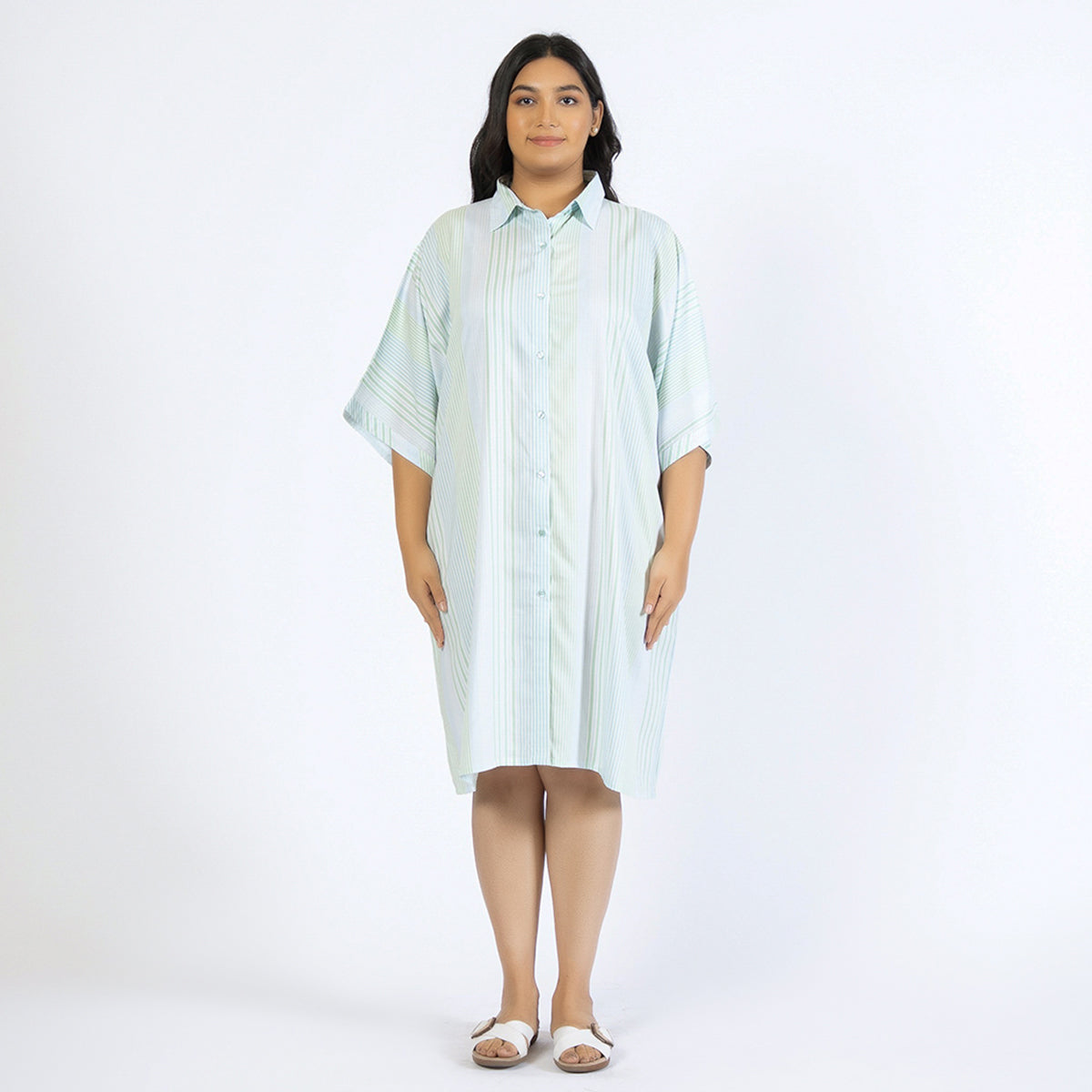 Blue and Green Striped Plus Size Rayon Shirt Dress Product Image 4