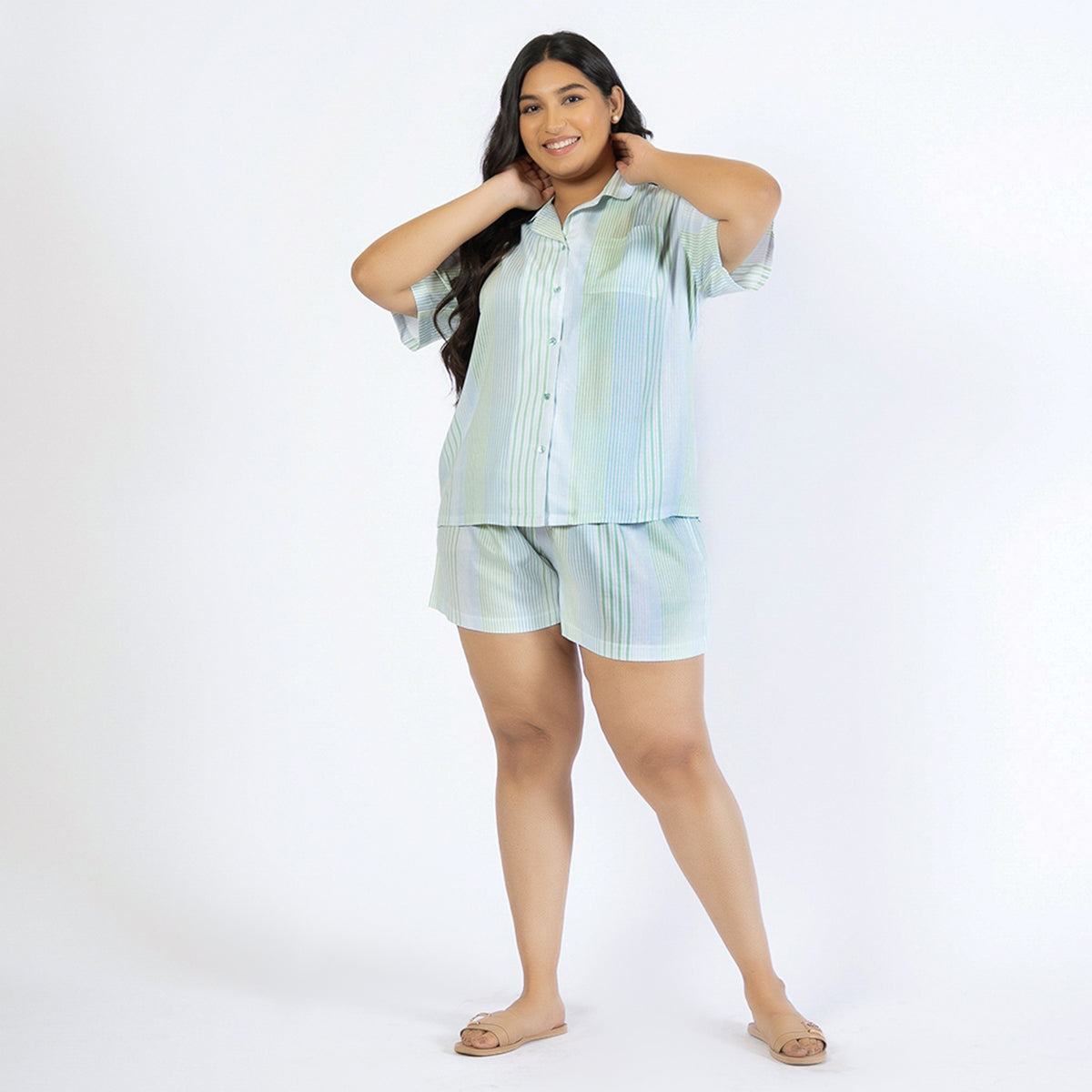 Blue and Green Striped Plus Size Rayon Short Set Product Image 1