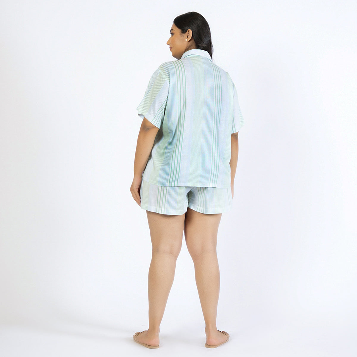 Blue and Green Striped Plus Size Rayon Short Set Product Image 2