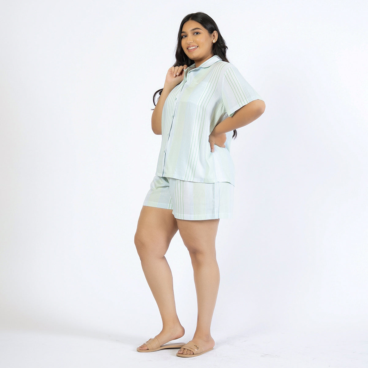 Blue and Green Striped Plus Size Rayon Short Set Product Image 3