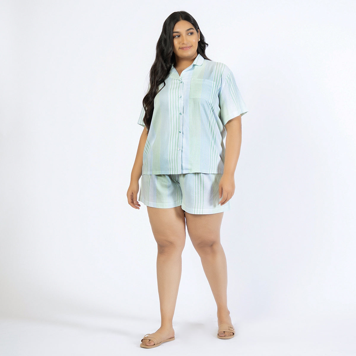 Blue and Green Striped Plus Size Rayon Short Set Product Image 4