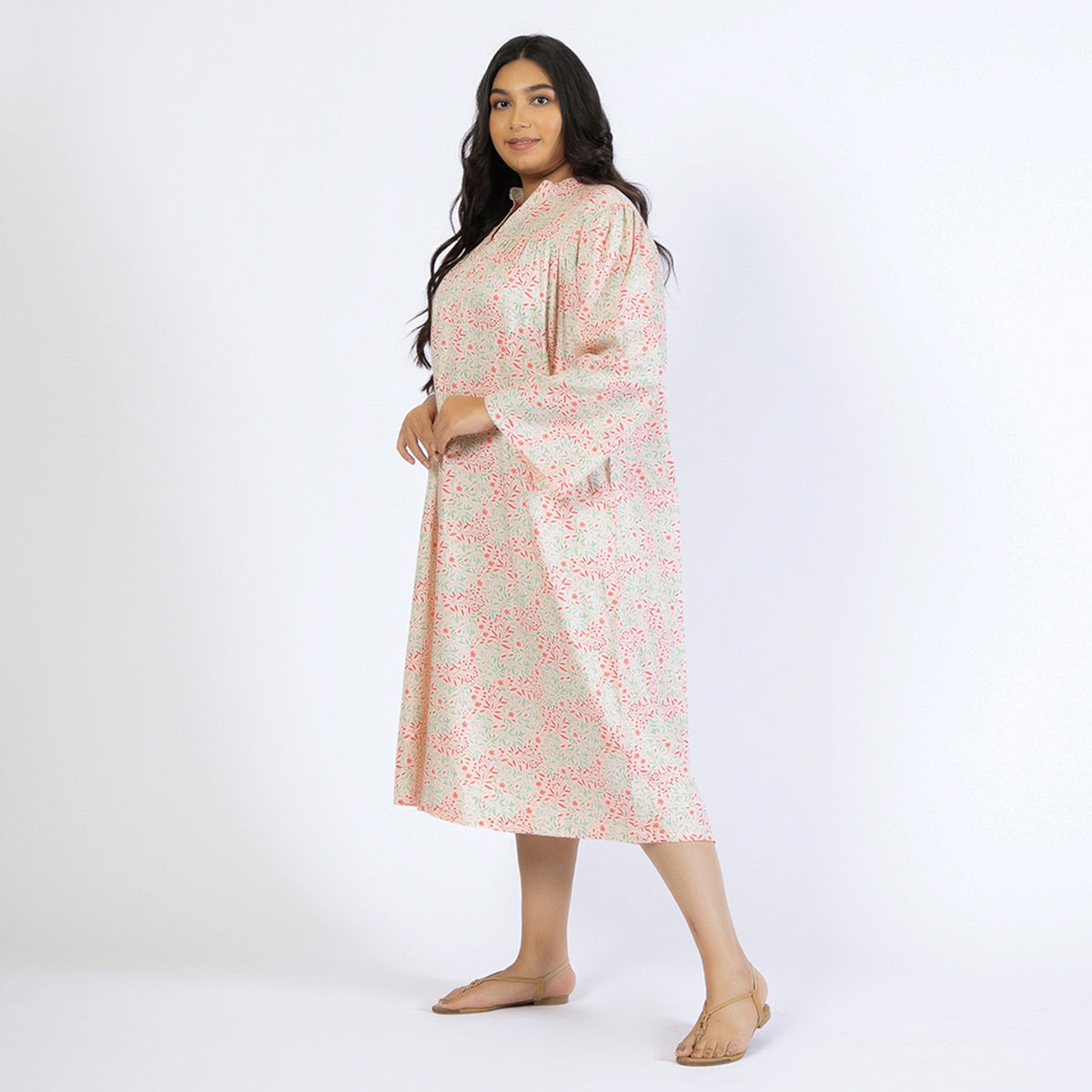 Peach Floral Print Plus Size Rayon Night Dress