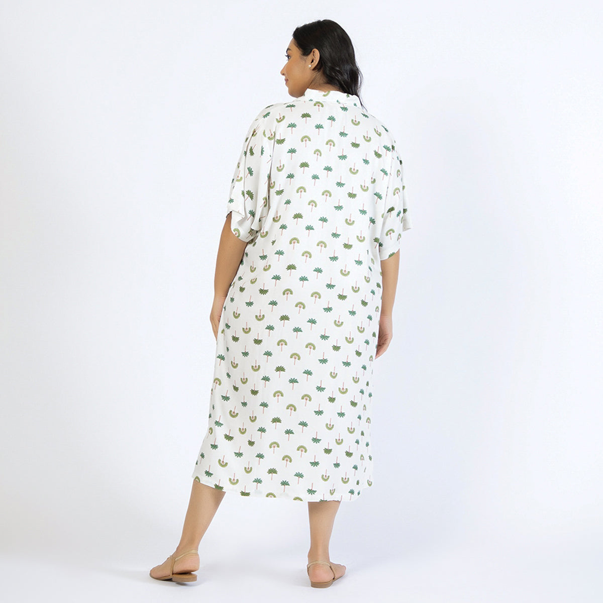 Off-White Palm Print Plus Size Rayon Collared Kaftan