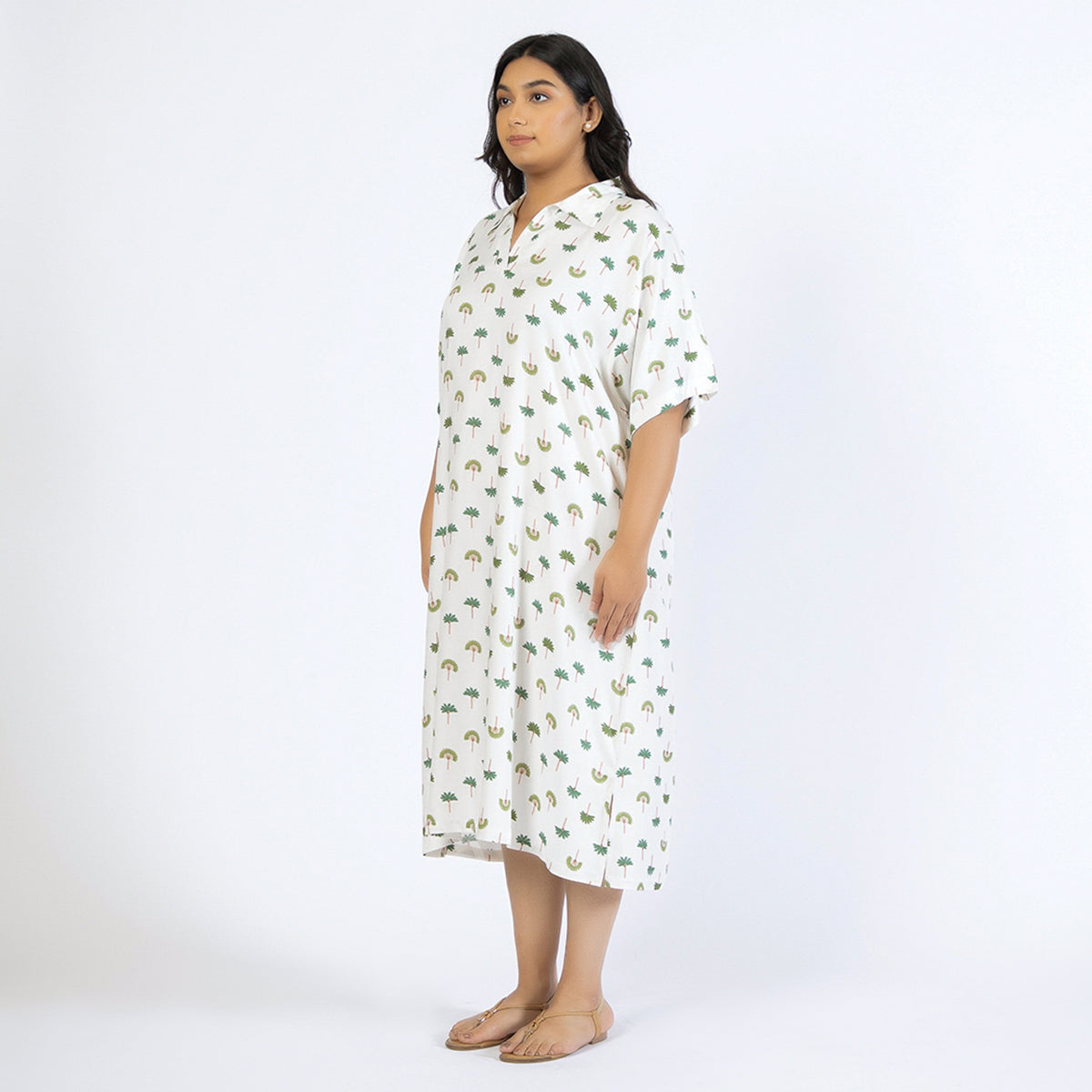 Off-White Palm Print Plus Size Rayon Collared Kaftan