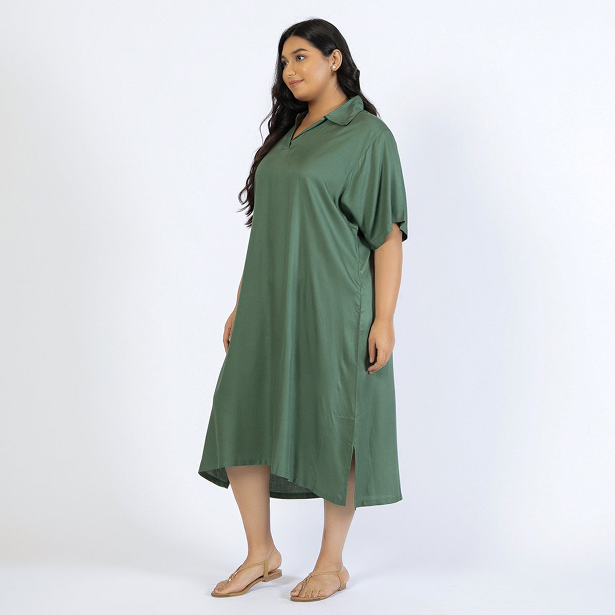 Olive Green Plus Size Rayon Collared Kaftan