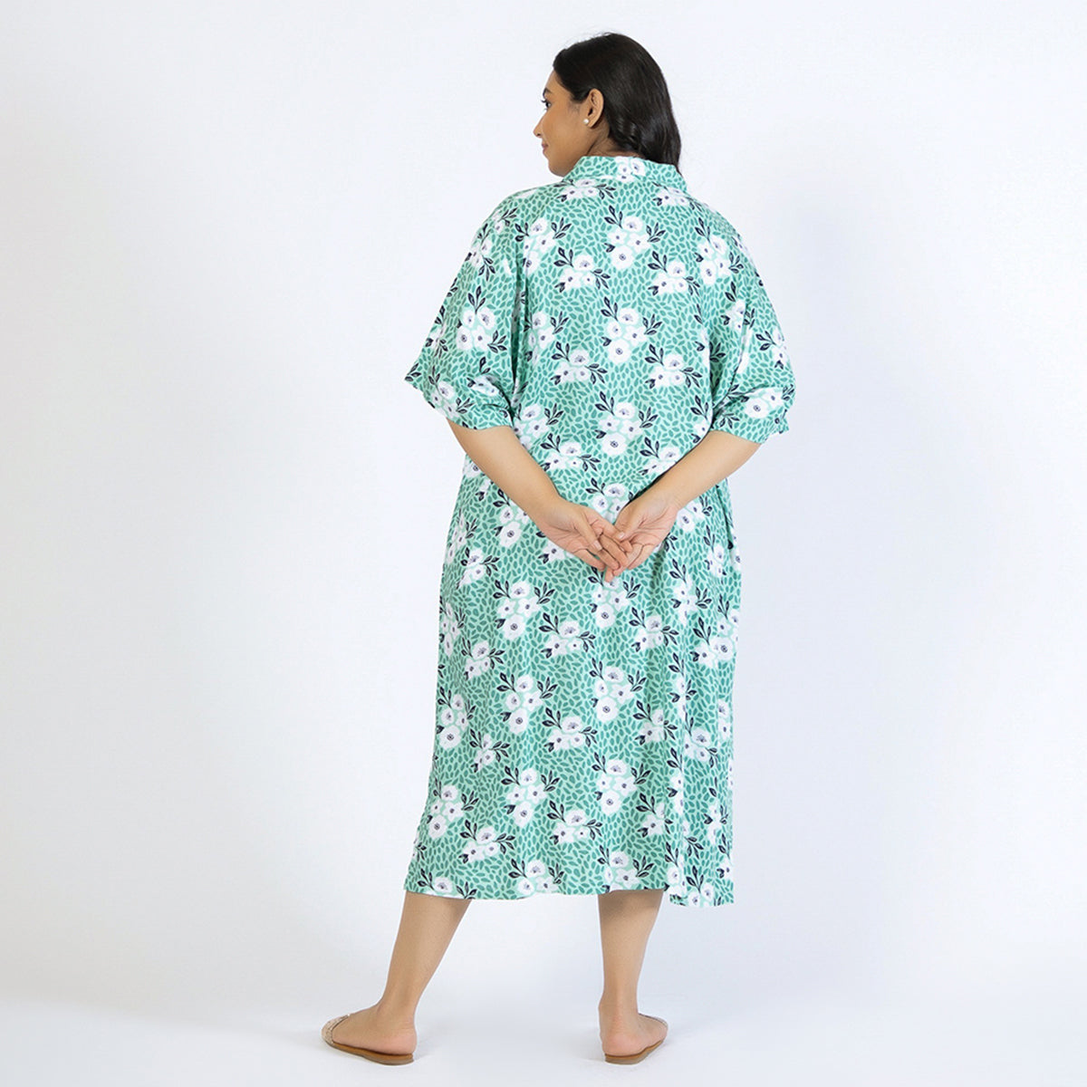 Green Plus Size Rayon Collared Kaftan