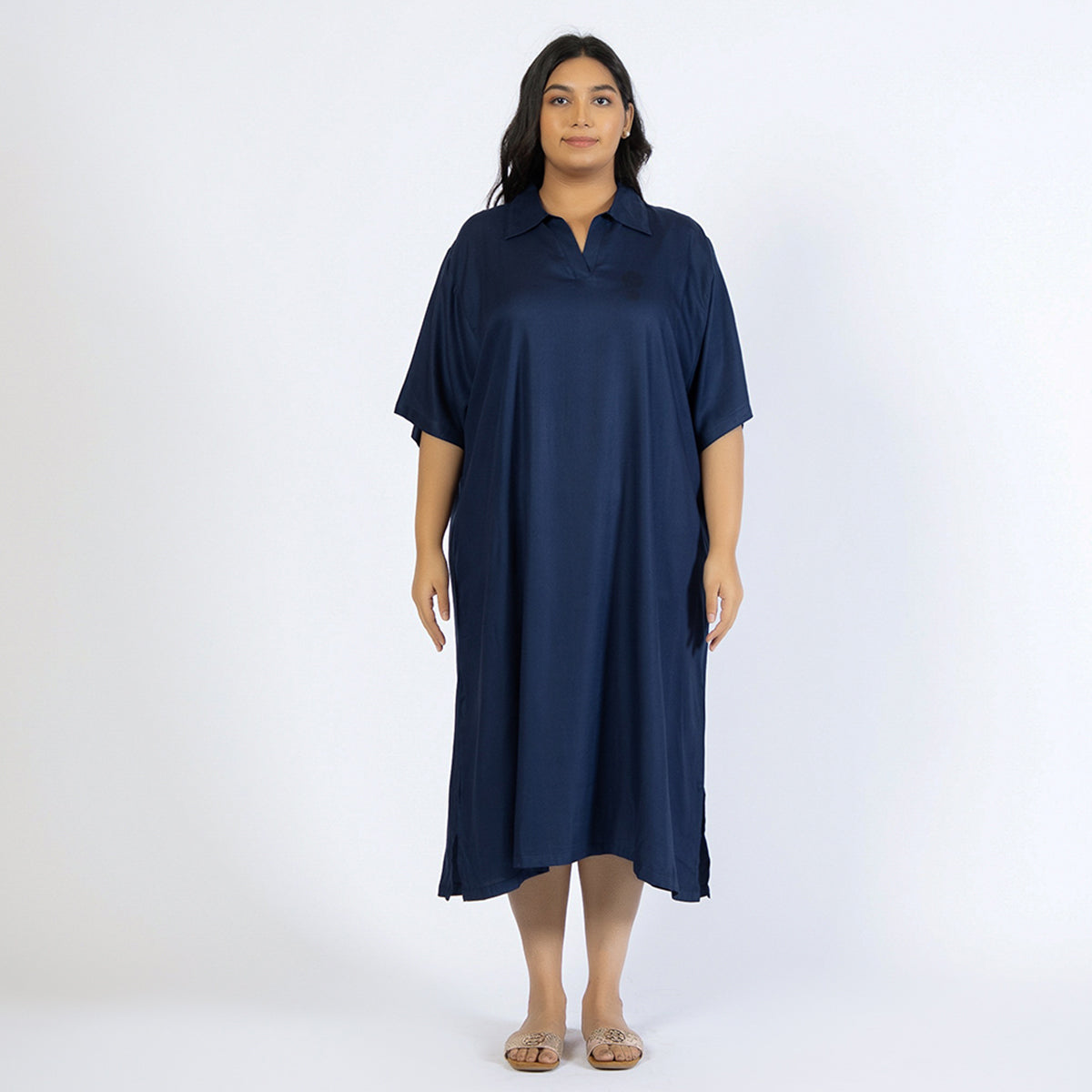 Navy Blue Plus Size Rayon Collared Kaftan