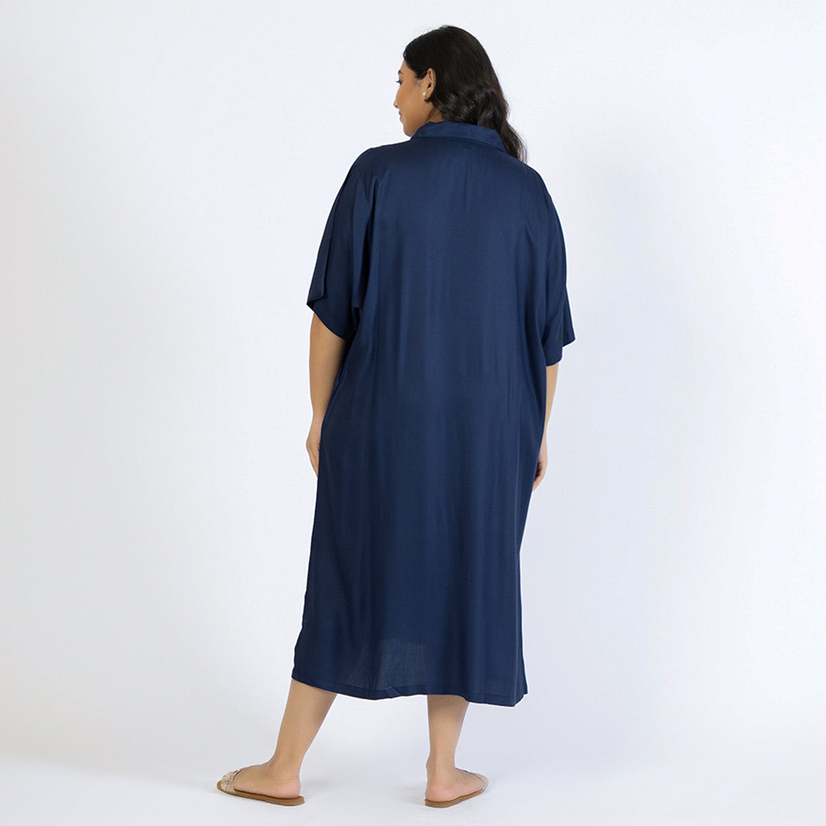 Navy Blue Plus Size Rayon Collared Kaftan