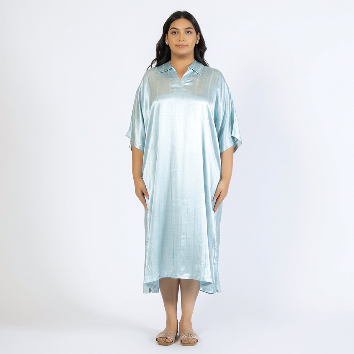 Light Blue Plus Size Viscose Jacquard Collared Kaftan