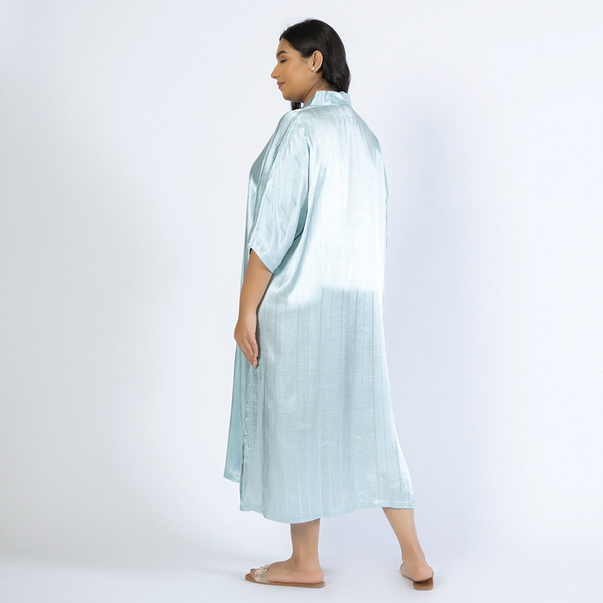 Light Blue Plus Size Viscose Jacquard Collared Kaftan