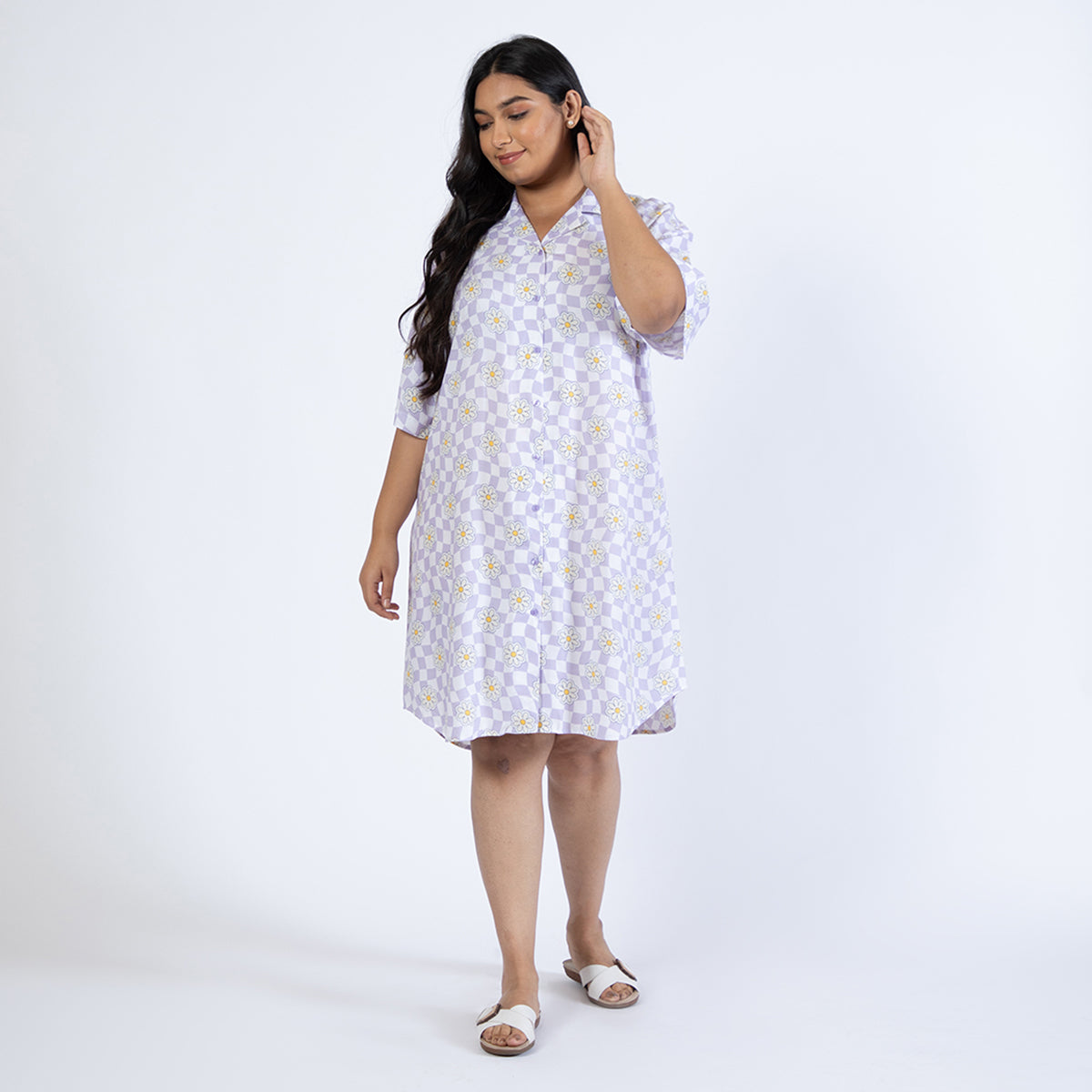 Lilac Printed Plus Size Rayon Shirt Dress