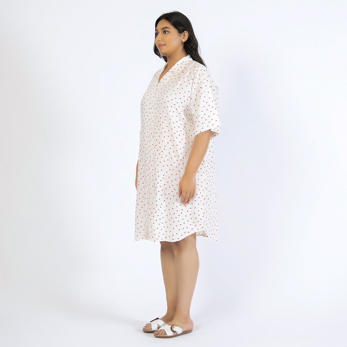 Off-White Heart Print Plus Size Rayon Shirt Dress