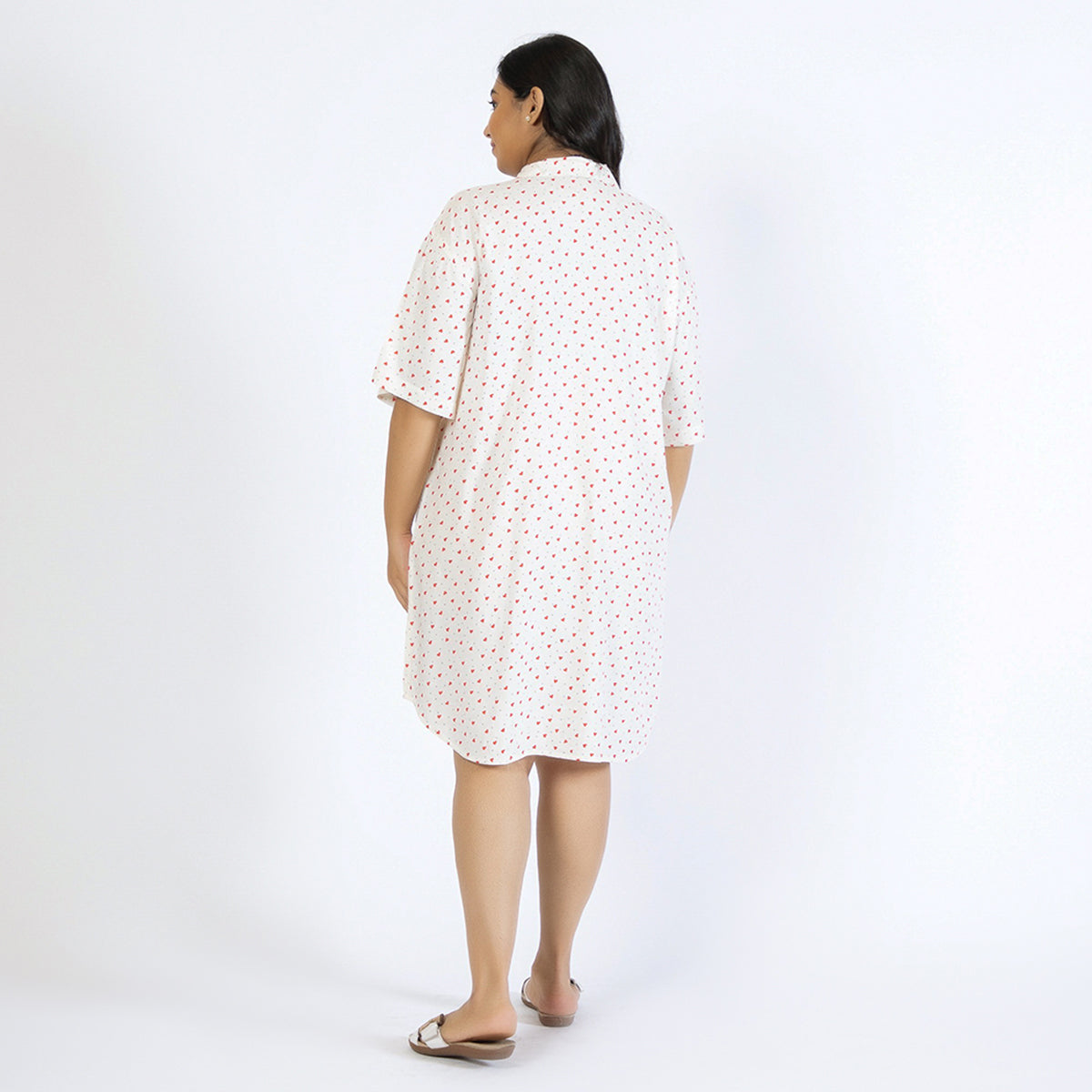 Off-White Heart Print Plus Size Rayon Shirt Dress