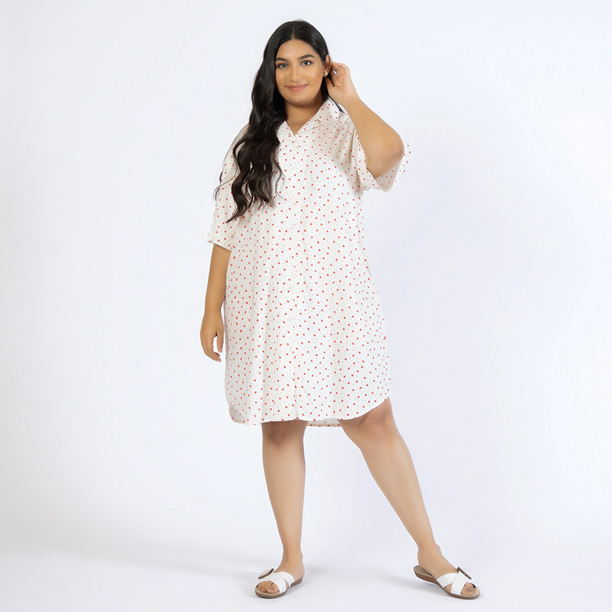 Off-White Heart Print Plus Size Rayon Shirt Dress