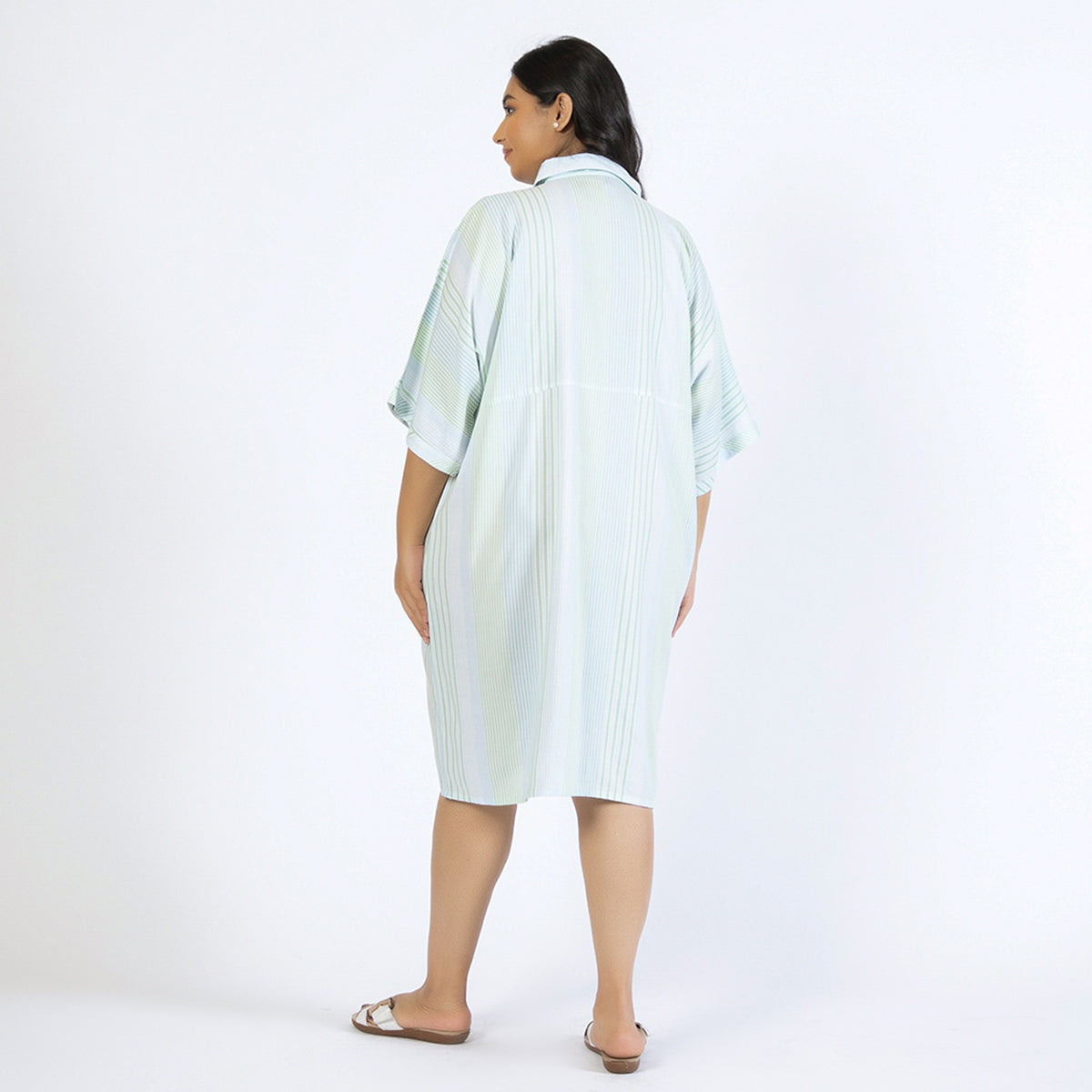 Blue and Green Striped Plus Size Rayon Shirt Dress