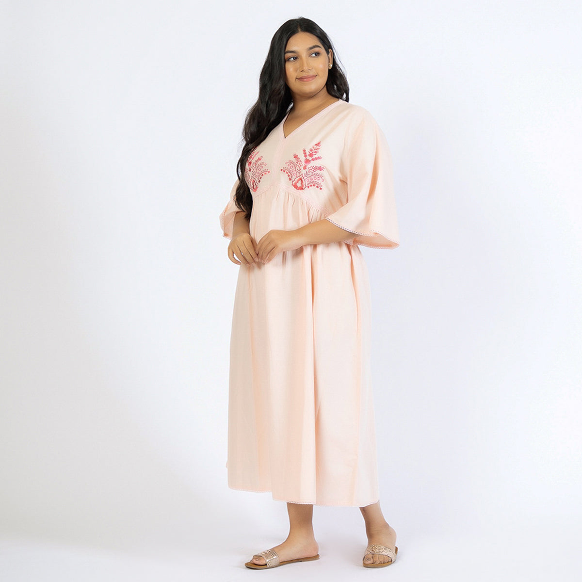 Peach Linen Blend Plus Size Embroidered Night Dress