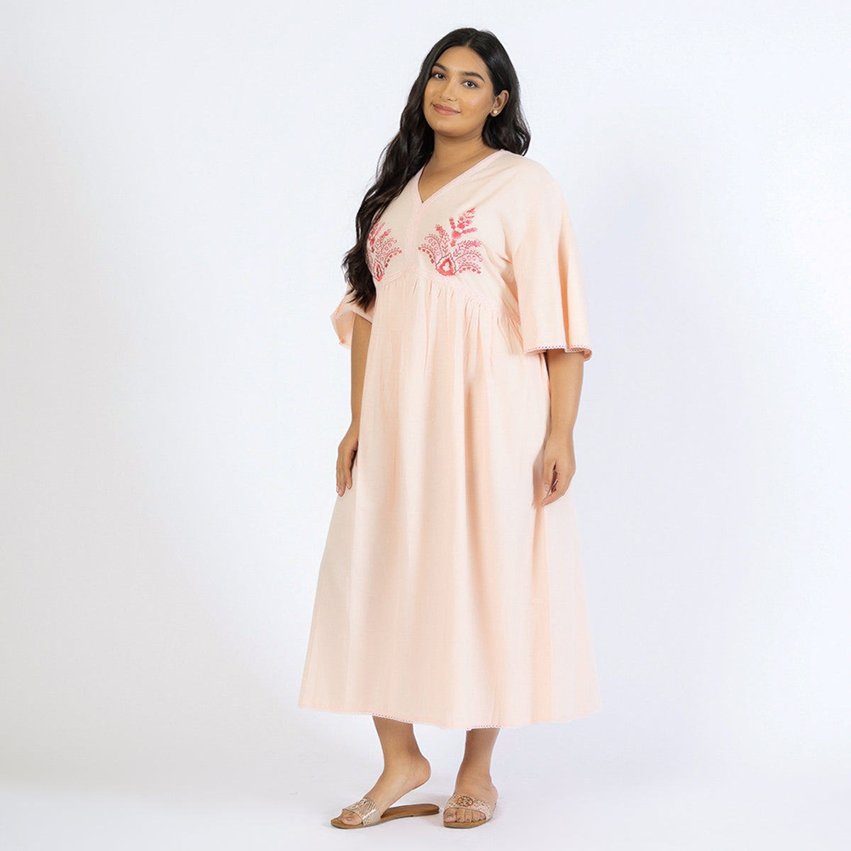 Peach Linen Blend Plus Size Embroidered Night Dress