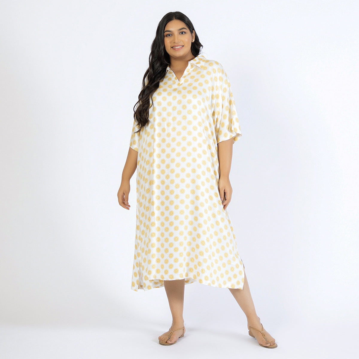 Off-White Printed Plus Size Rayon Collared Kaftan