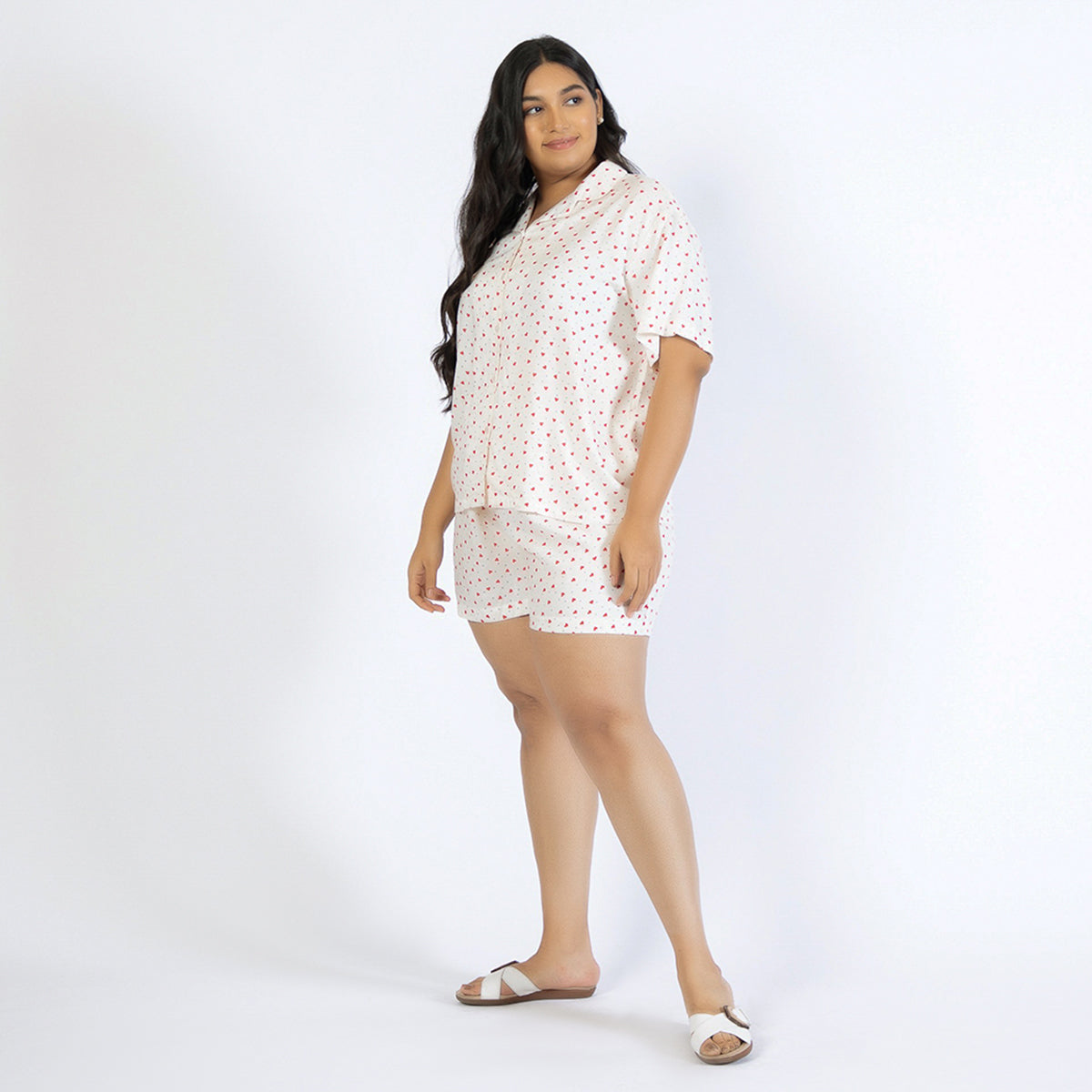 Off-White Heart Print Plus Size Rayon Short Set