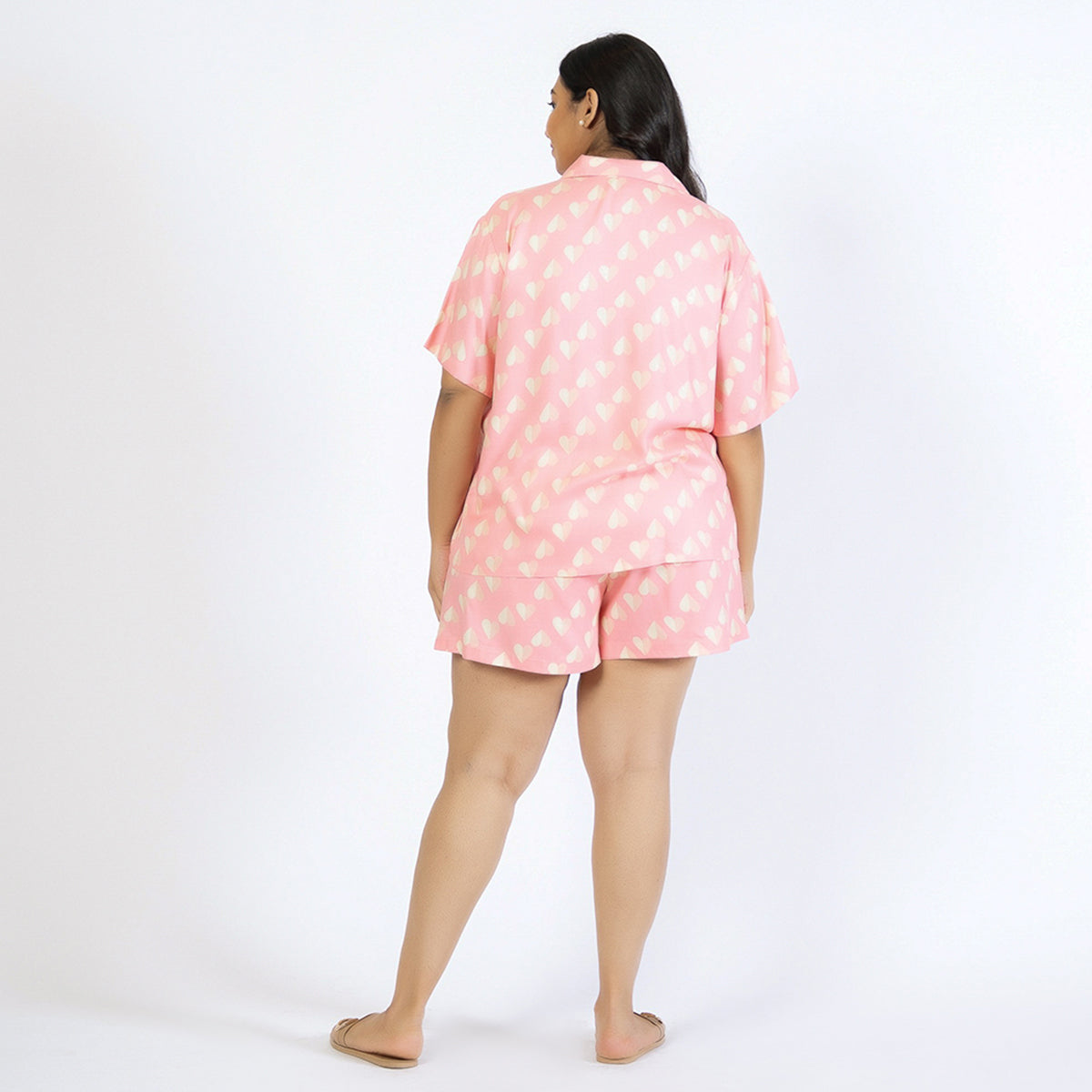 Pink Heart Print Plus Size Rayon Short Set