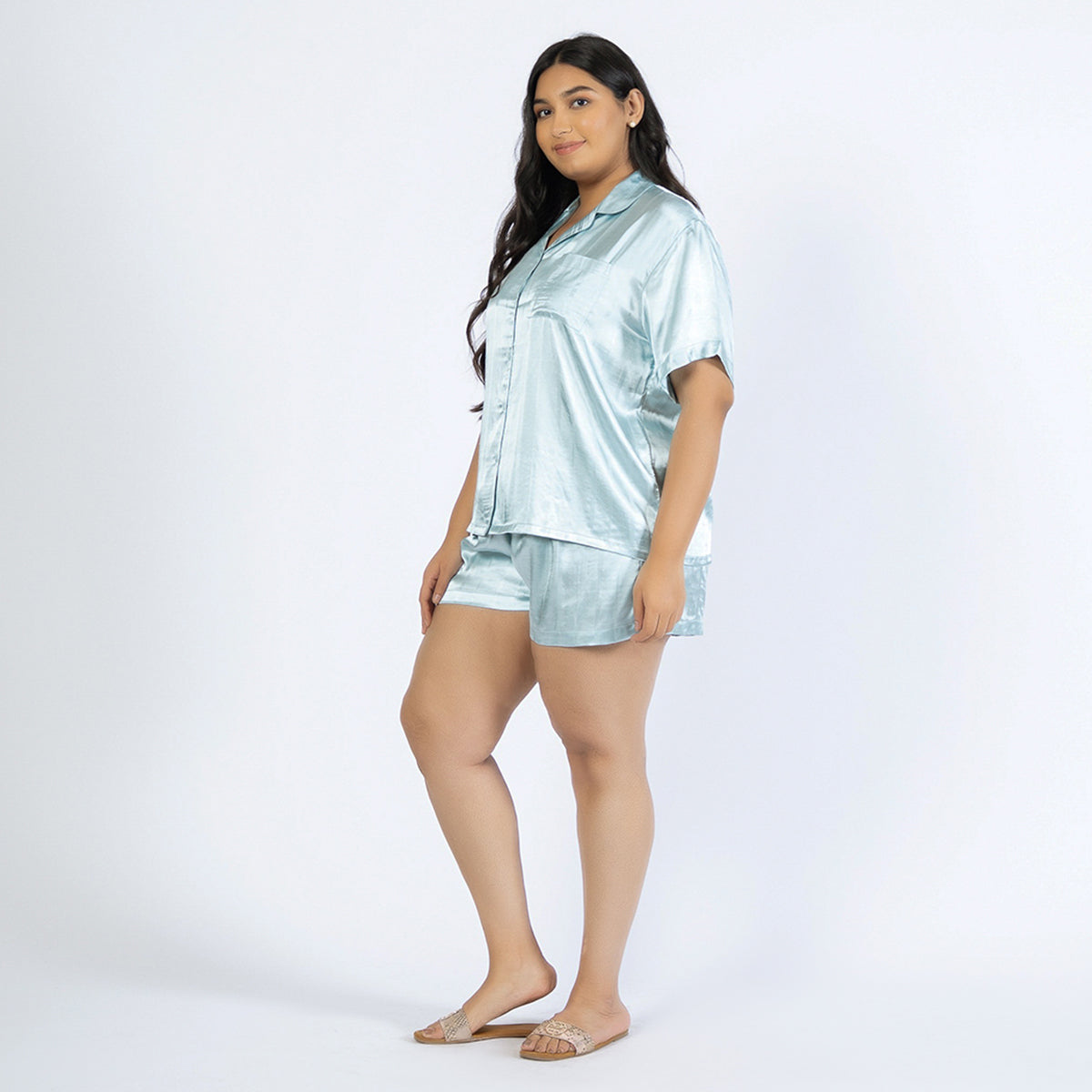 Light Blue Viscose Jacquard Plus Size Short Set