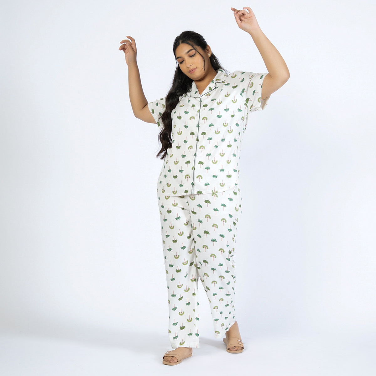 Off-White Palm Print Plus Size Rayon PJ Set