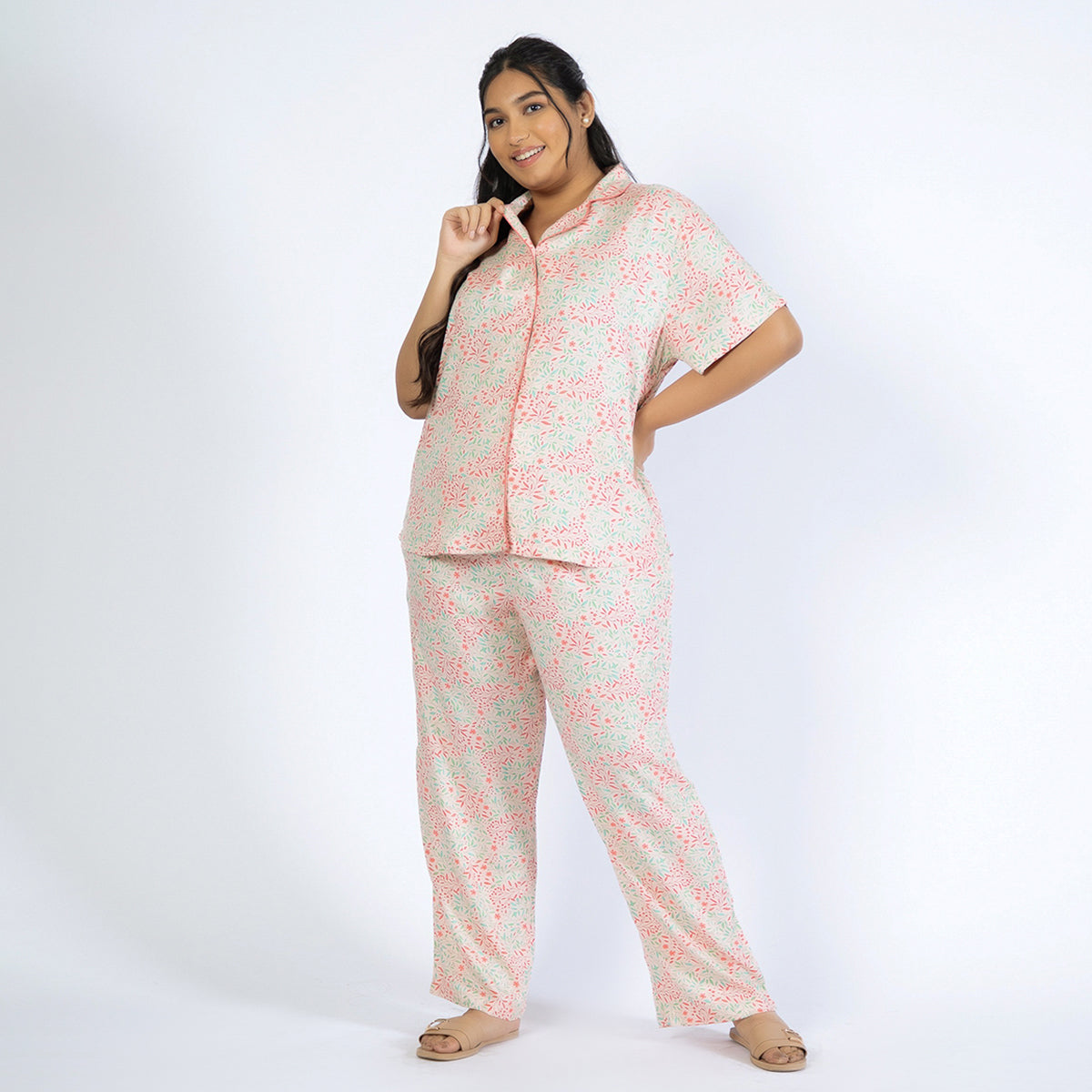 Peach Floral Plus Size Rayon PJ Set