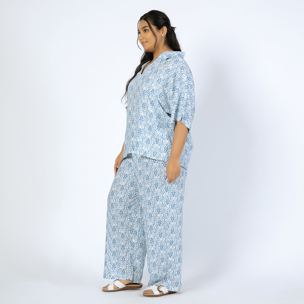 Blue Printed Viscose Dobby Plus Size Co-ord Set