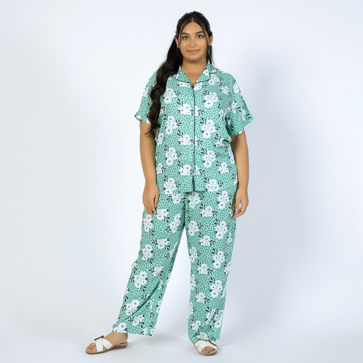 Green Floral Plus Size Rayon PJ Set