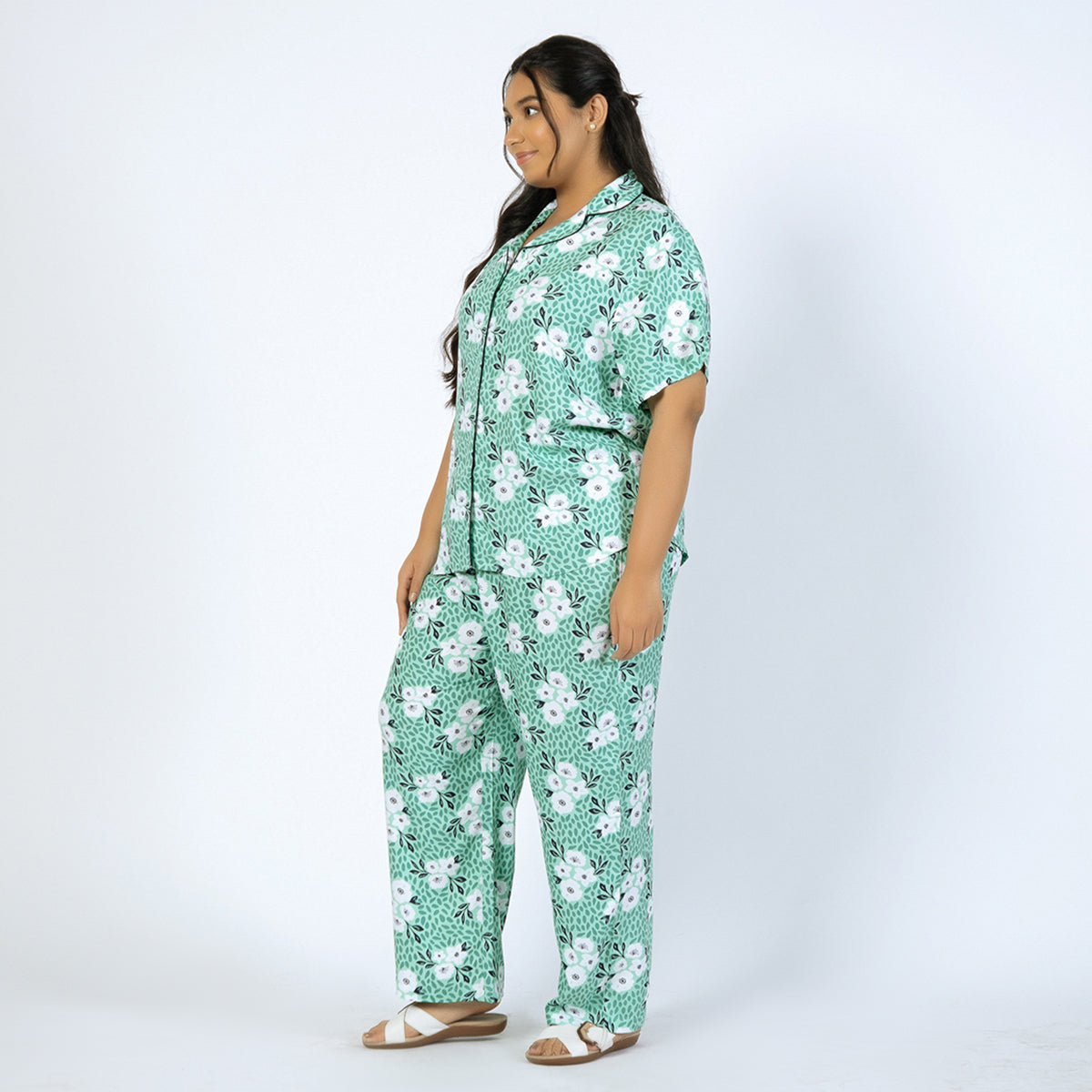 Green Floral Plus Size Rayon PJ Set