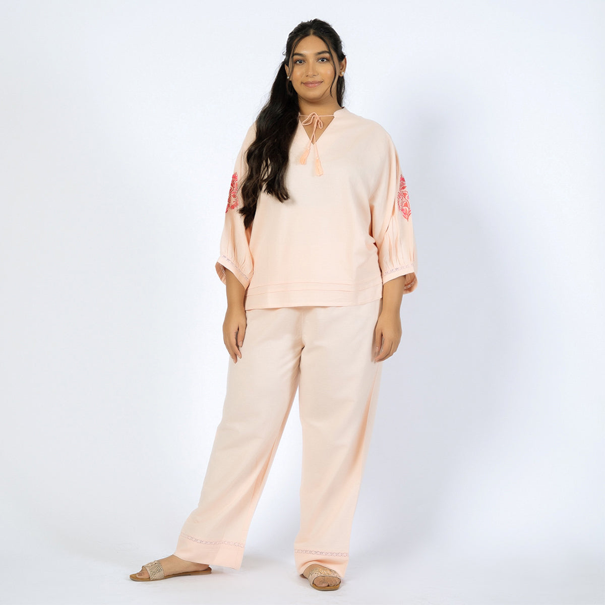 Peach Linen Blend Embroidered Plus Size PJ Set