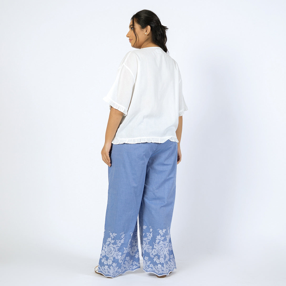 Blue Embroidered Plus Size Cotton PJ Set