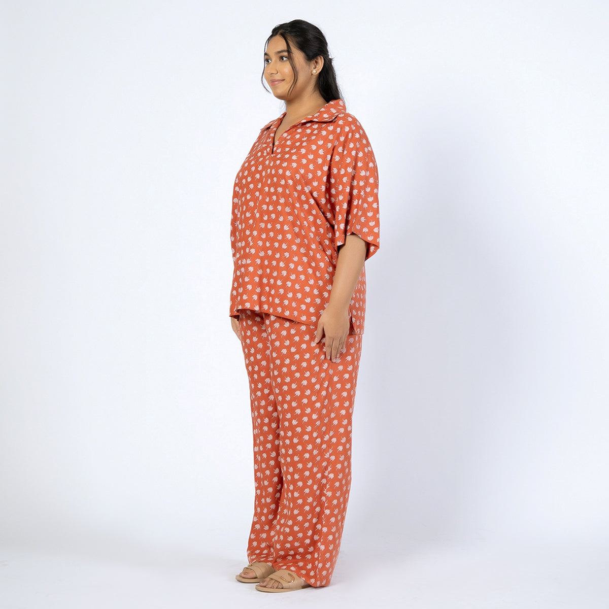 Rust Printed Viscose Dobby Plus Size Co-ord Set