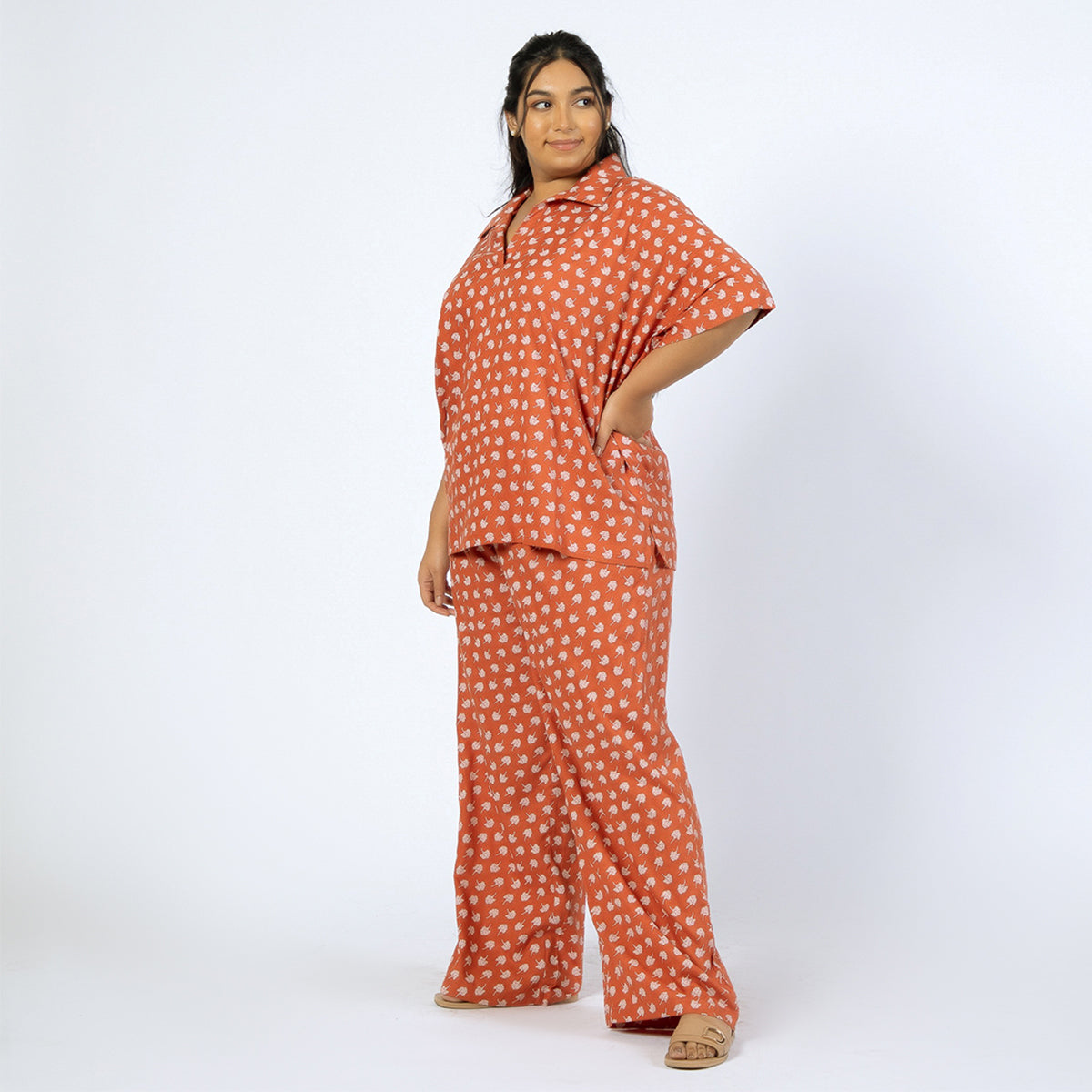 Rust Printed Viscose Dobby Plus Size Co-ord Set