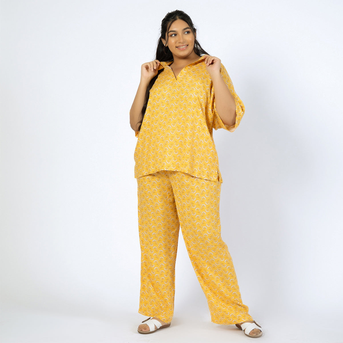 Mustard Printed Viscose Dobby Plus Size Co-ord Set