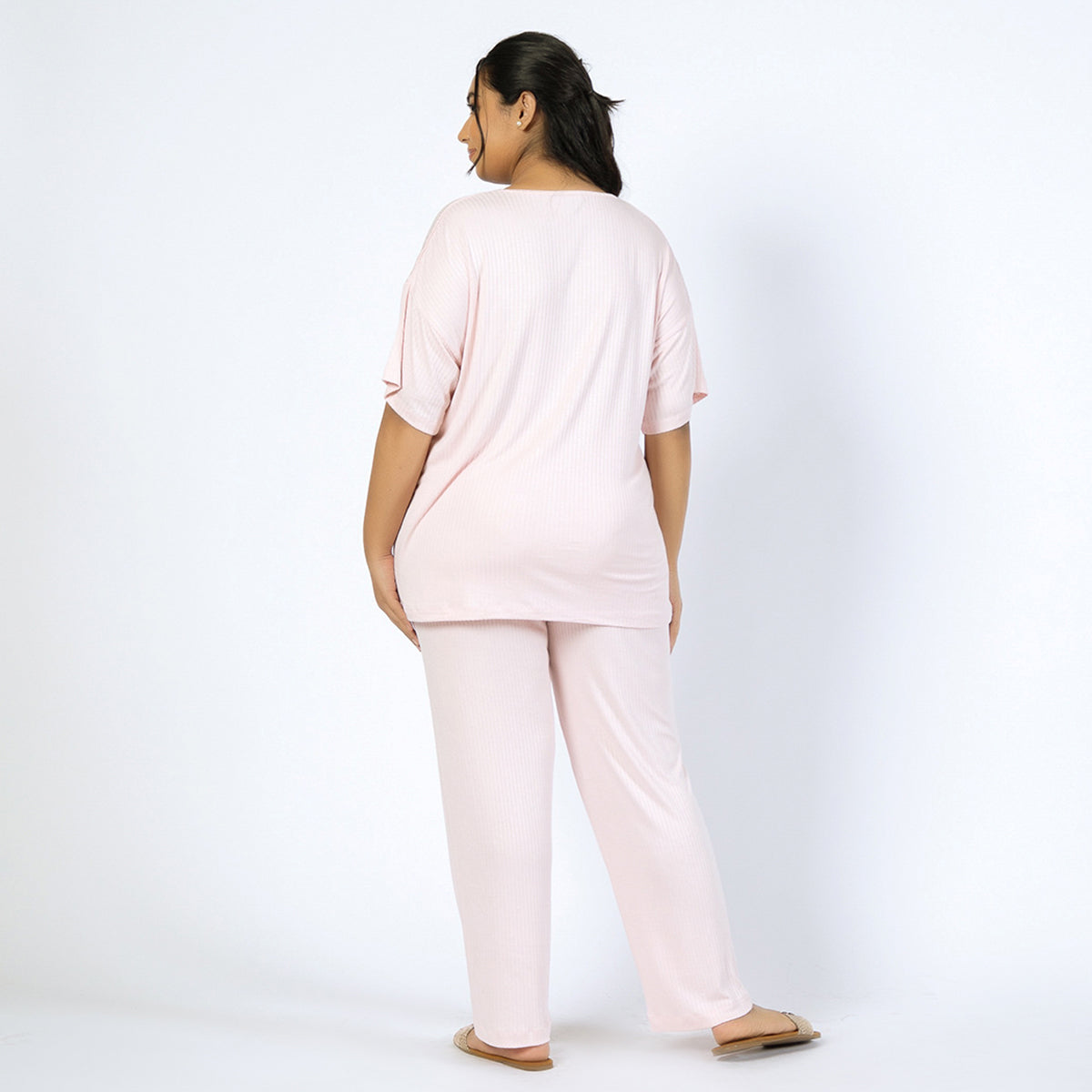 Pink Viscose Jersey Rib Knit Plus Size PJ Set