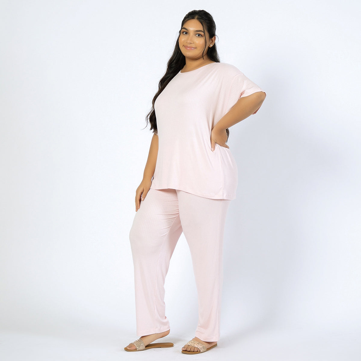 Pink Viscose Jersey Rib Knit Plus Size PJ Set