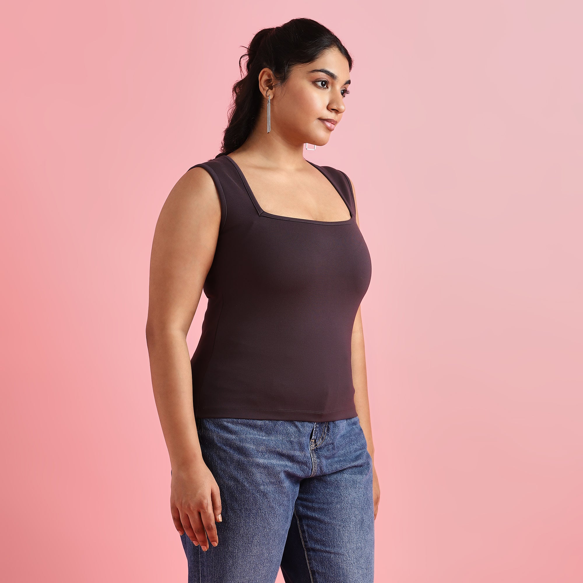 Charcoal Gray 4-Way Stretch Plus Size Square Neck Top