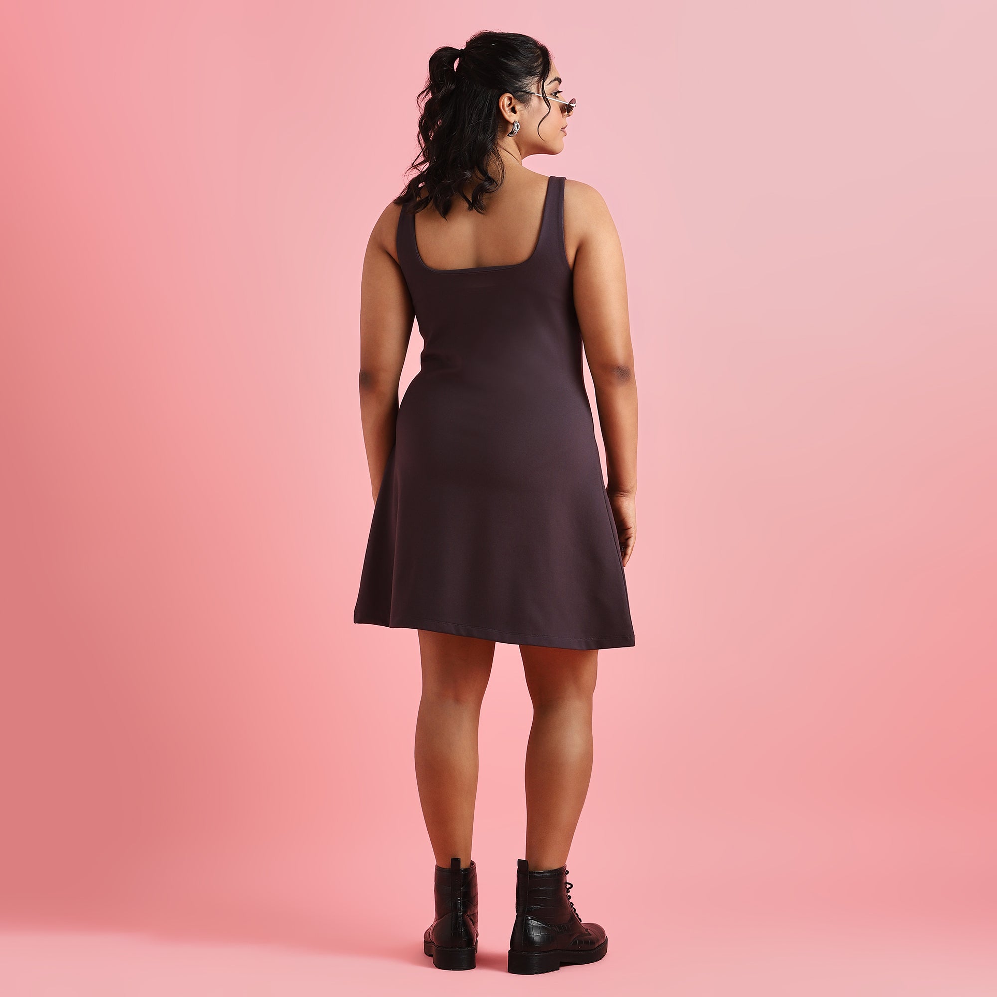 Charcoal Gray Plus Size Square Neck 4-Way Stretch Skater Dress