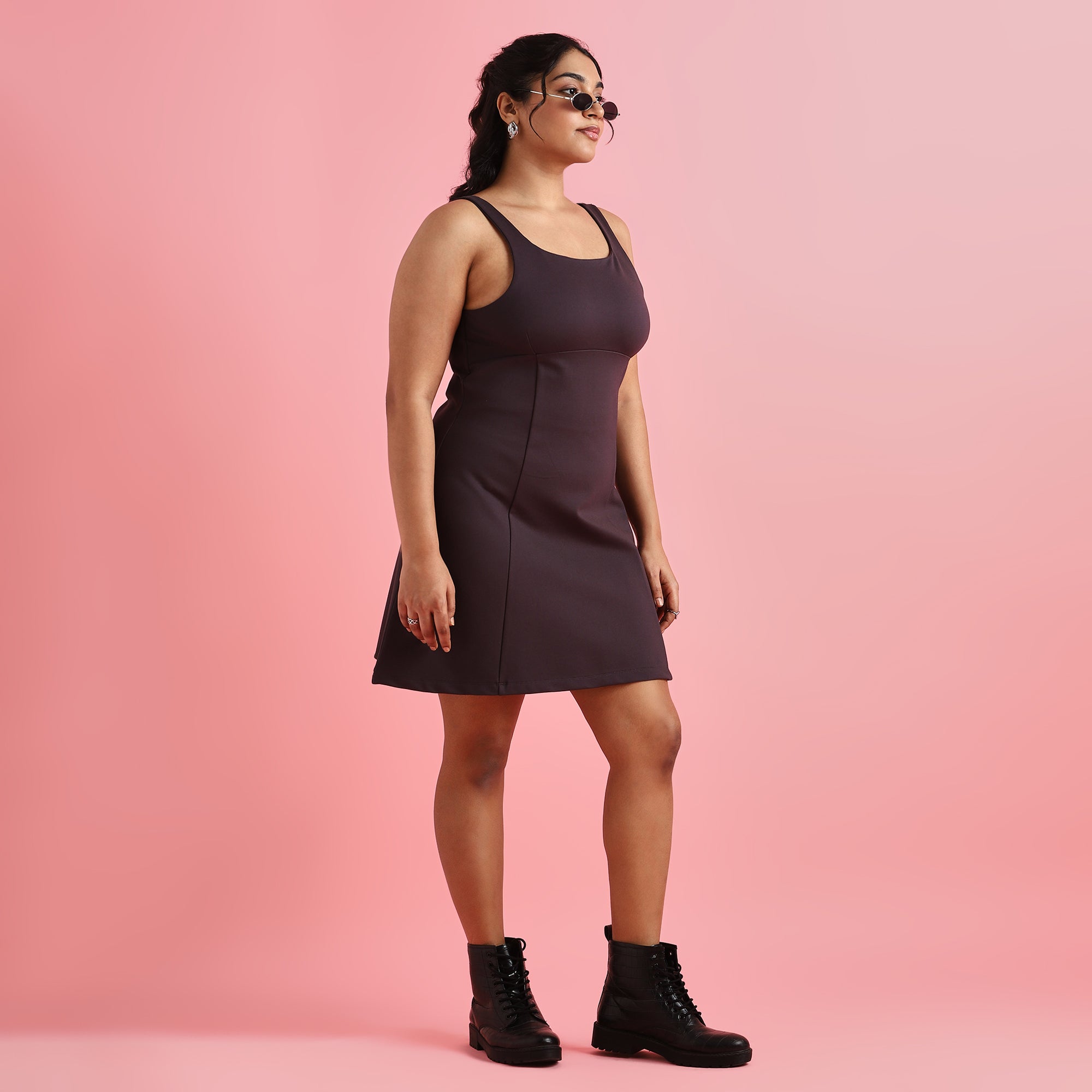 Charcoal Gray Plus Size Square Neck 4-Way Stretch Skater Dress