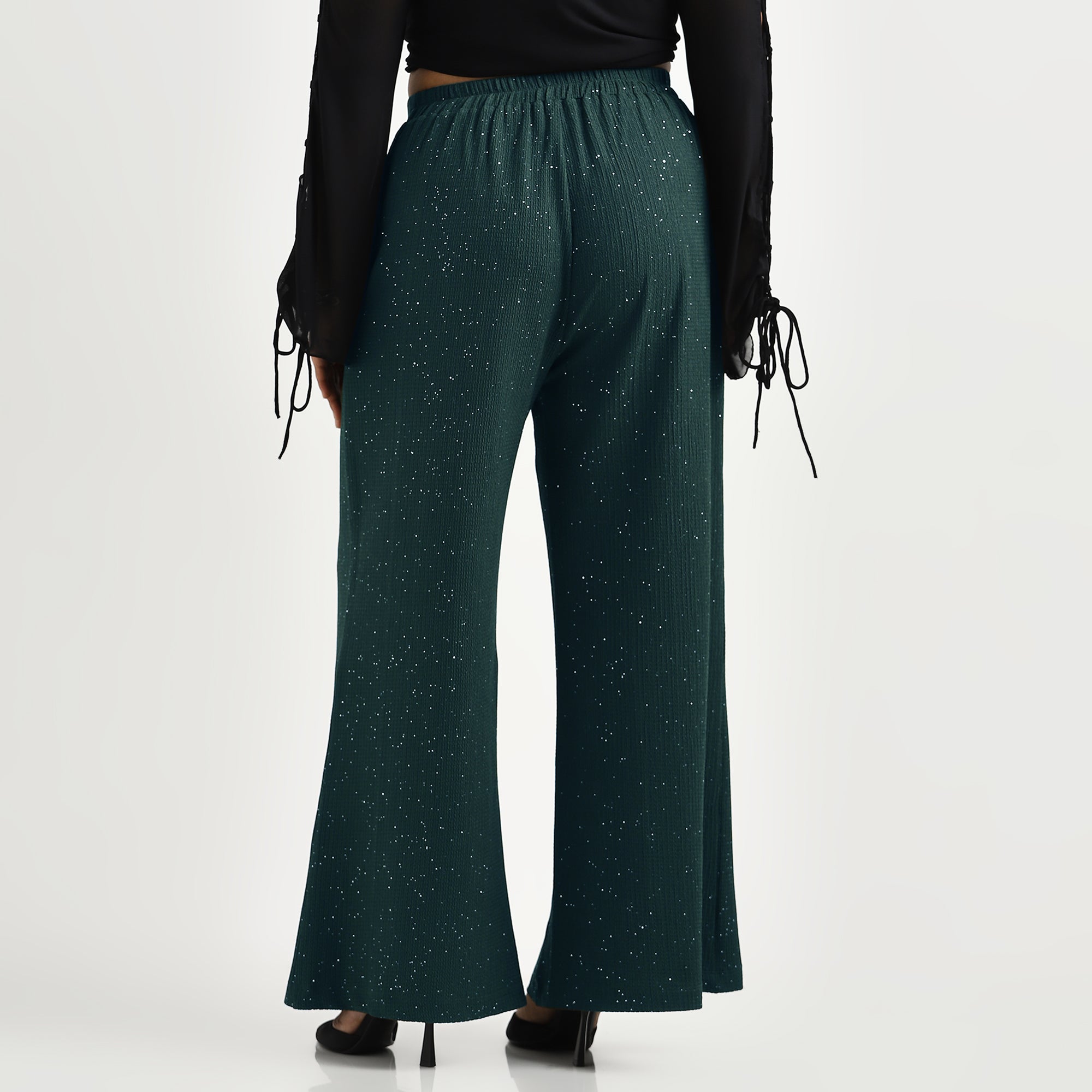 Dark Green Glitter Textured Knit Plus Size Flare Pants