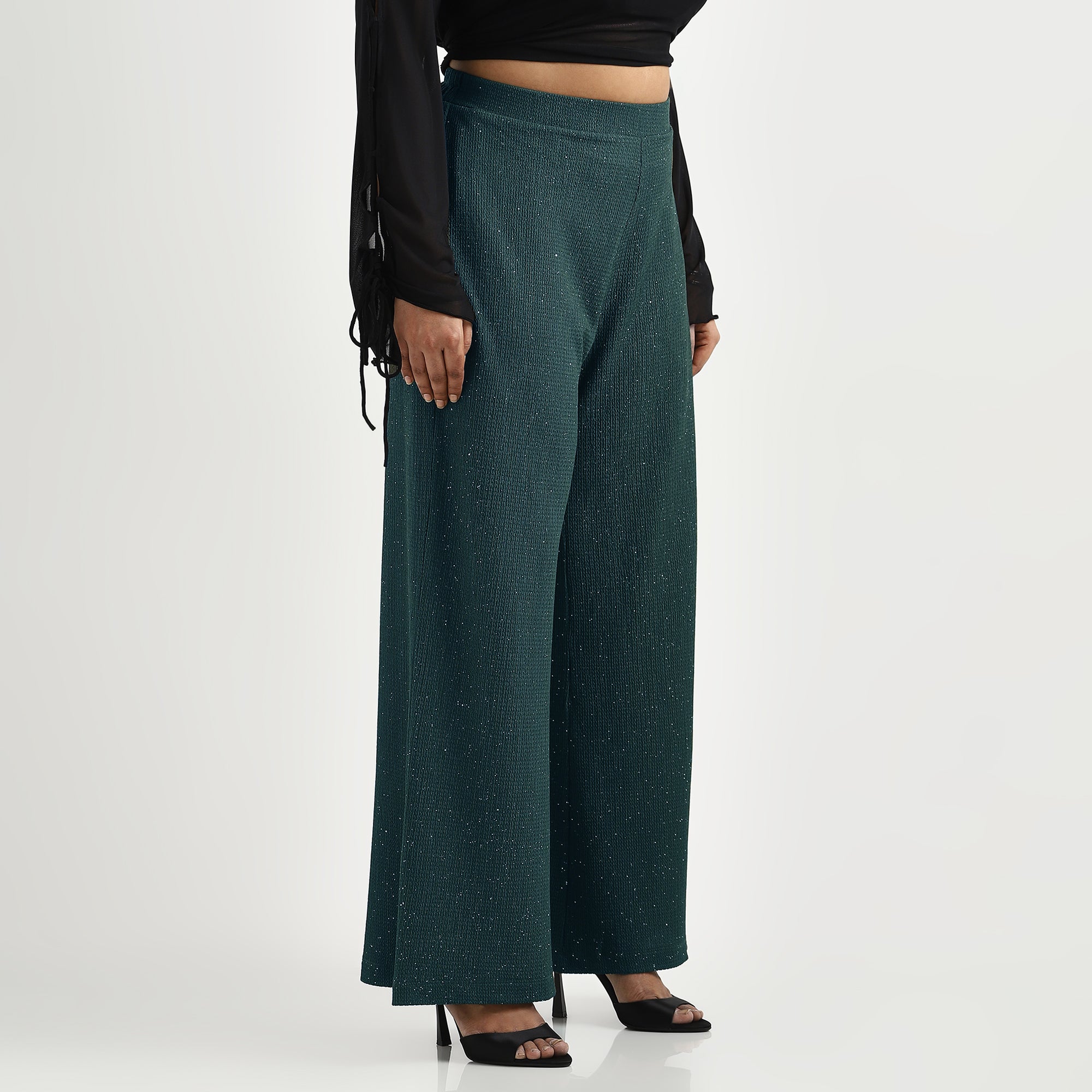 Dark Green Glitter Textured Knit Plus Size Flare Pants