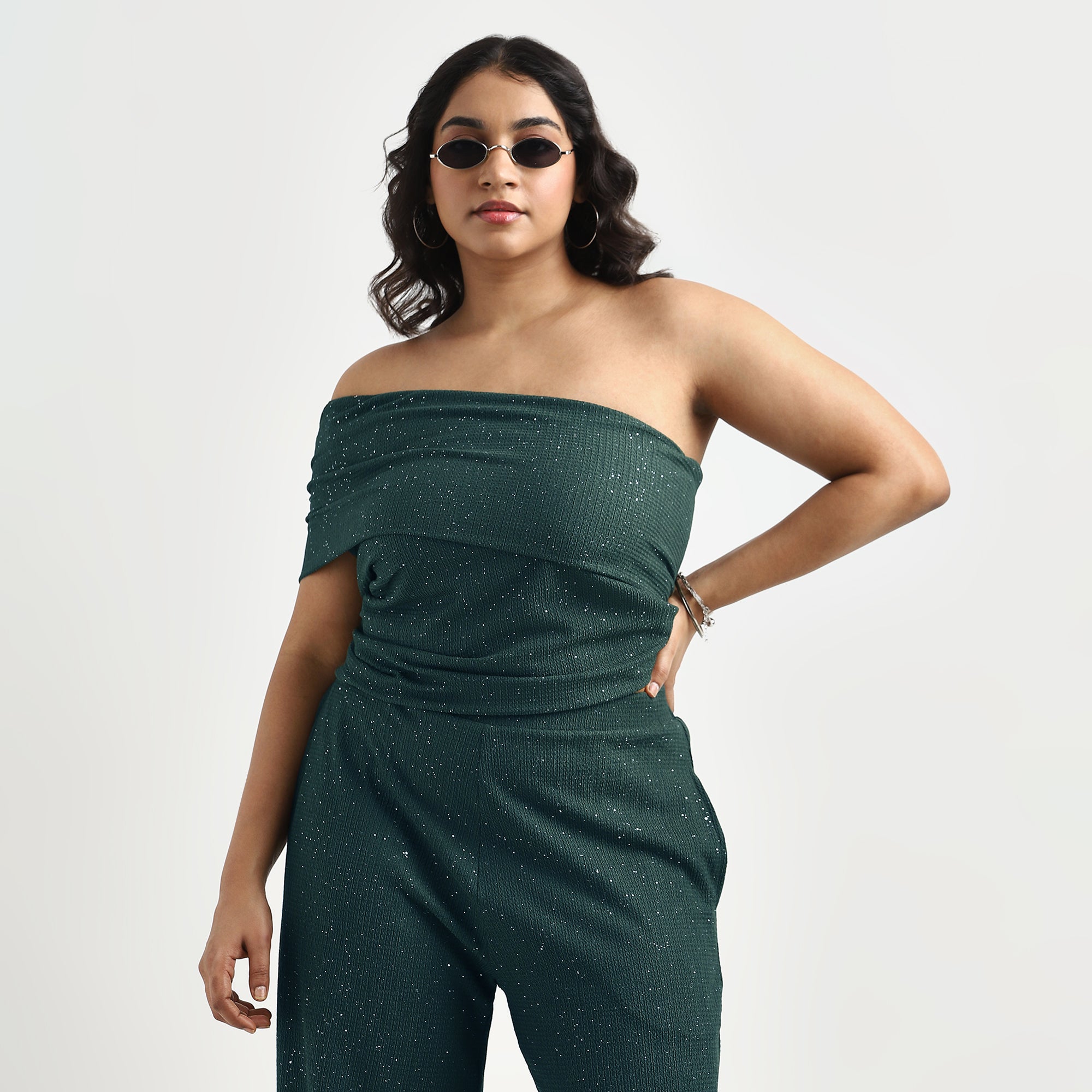 Dark Green Glitter Textured Knit Plus Size One-Shoulder Top