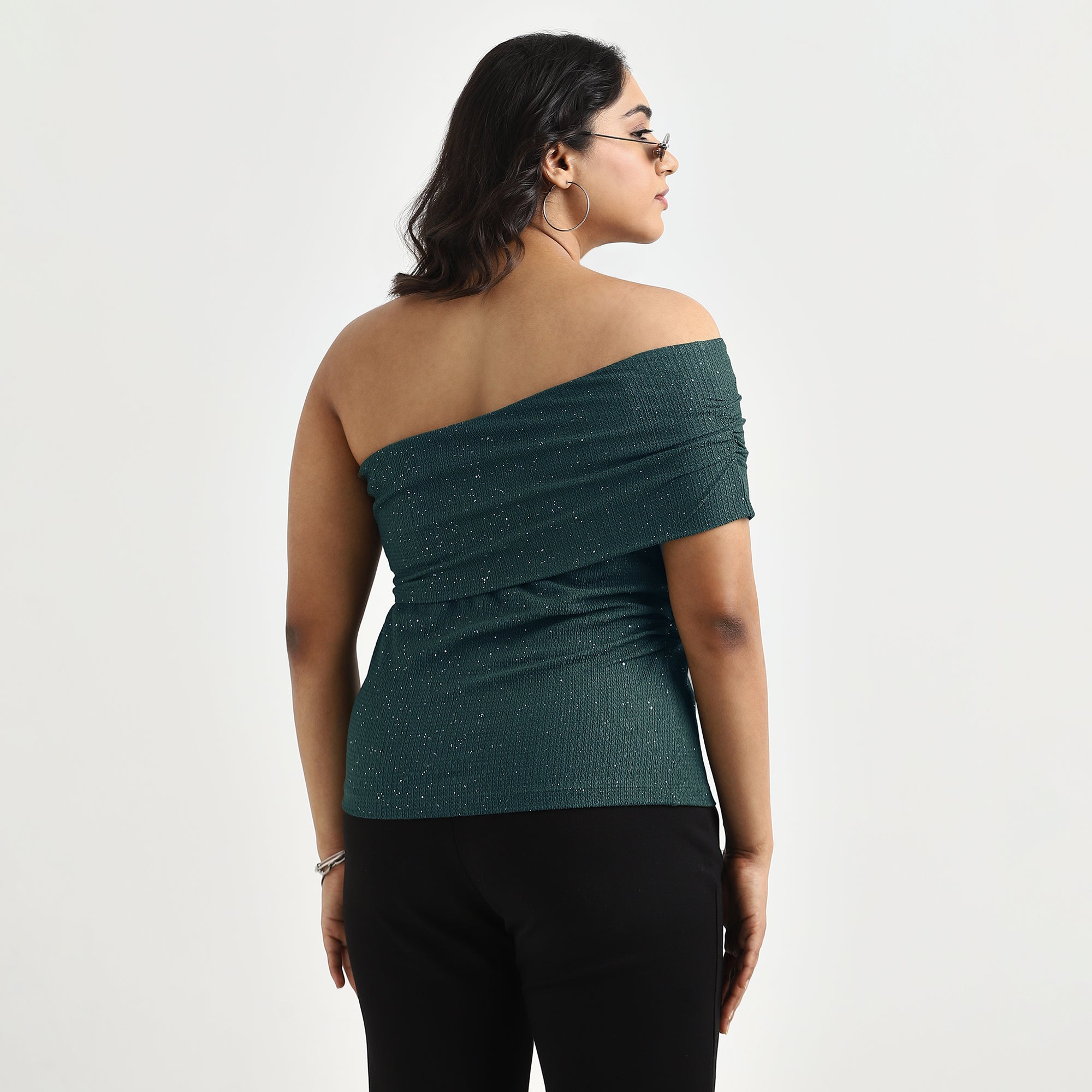 Dark Green Glitter Textured Knit Plus Size One-Shoulder Top